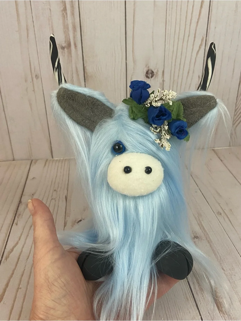 Handmade Baby Boy Nursery Highland Cow Gnome Blue Faux Fur Shower Gift - Picture 10 of 11
